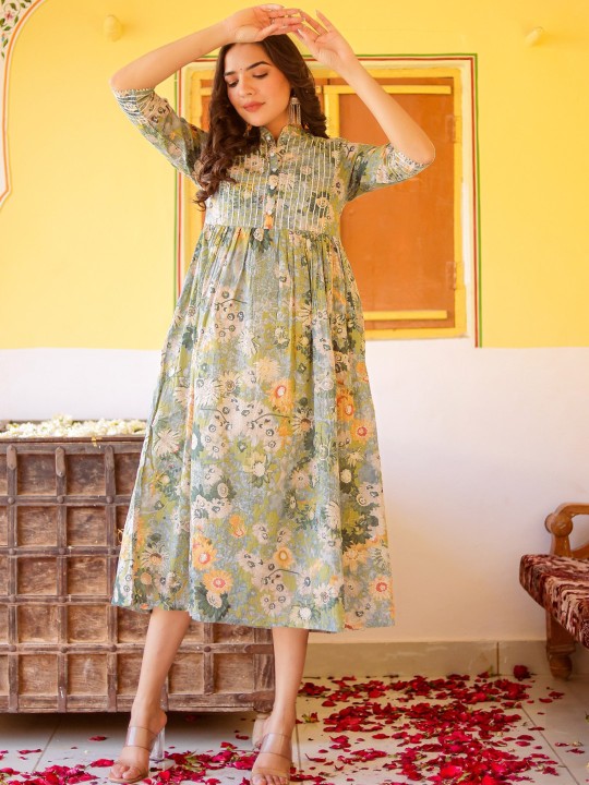 Muslin Floral Printed Silk A-Line Ethnic Dress