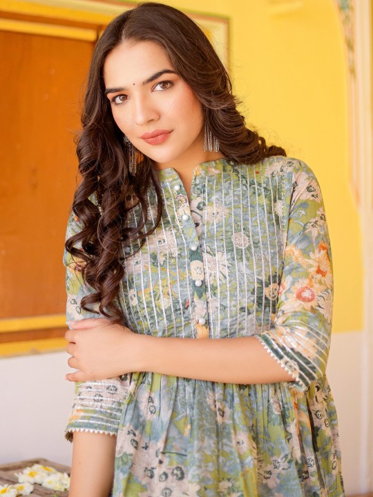 Muslin Floral Printed Silk A-Line Ethnic Dress Hover