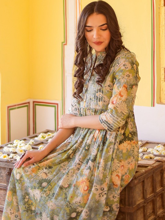 Muslin Floral Printed Silk A-Line Ethnic Dress