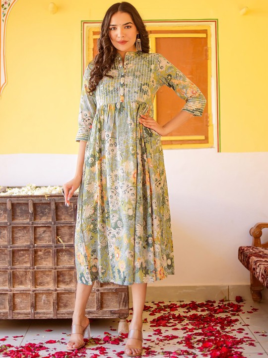 Muslin Floral Printed Silk A-Line Ethnic Dress