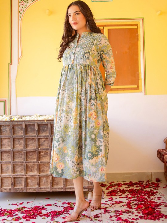 Muslin Floral Printed Silk A-Line Ethnic Dress