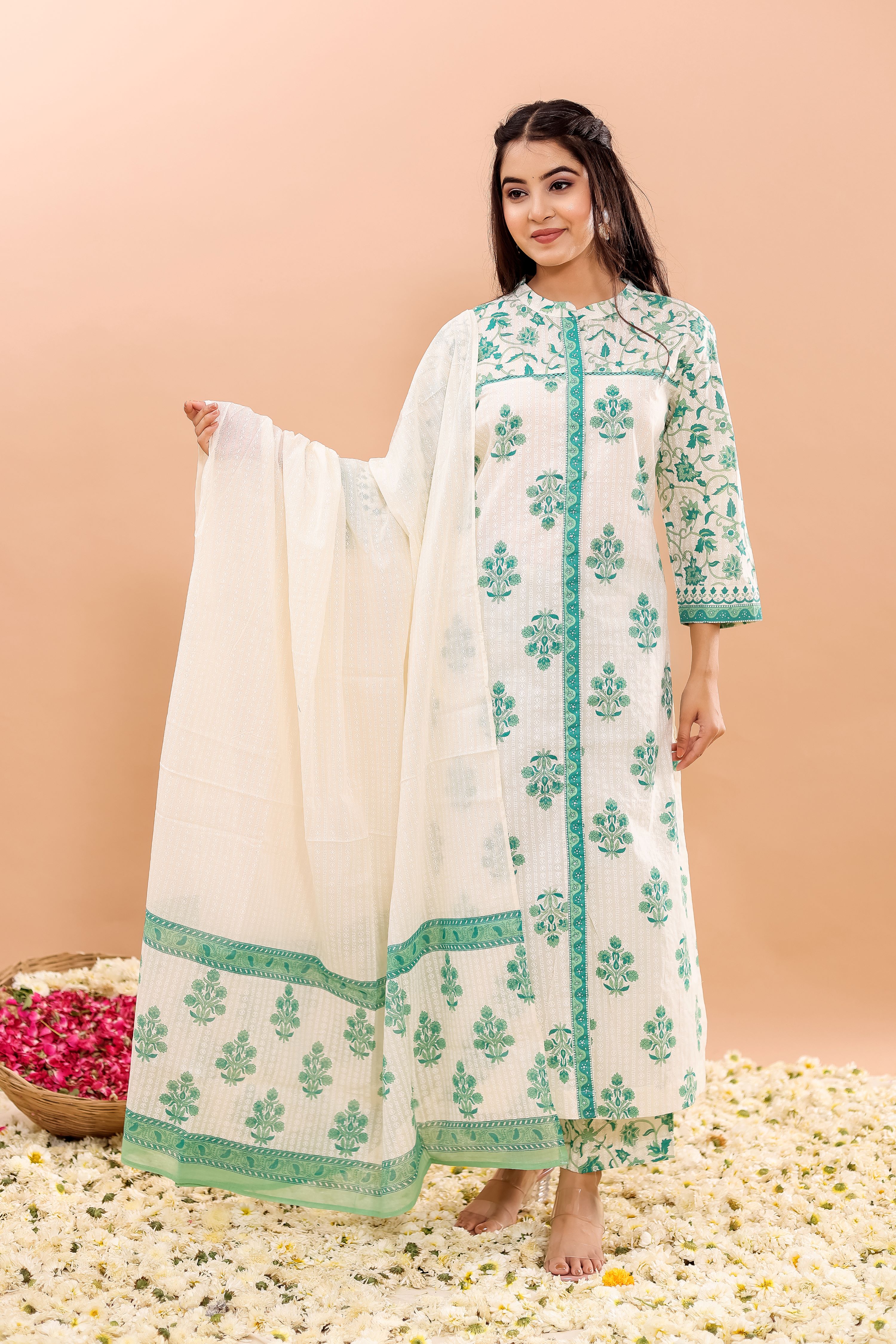 Cotton Printed Straight Kurta, Pant With Dupatta