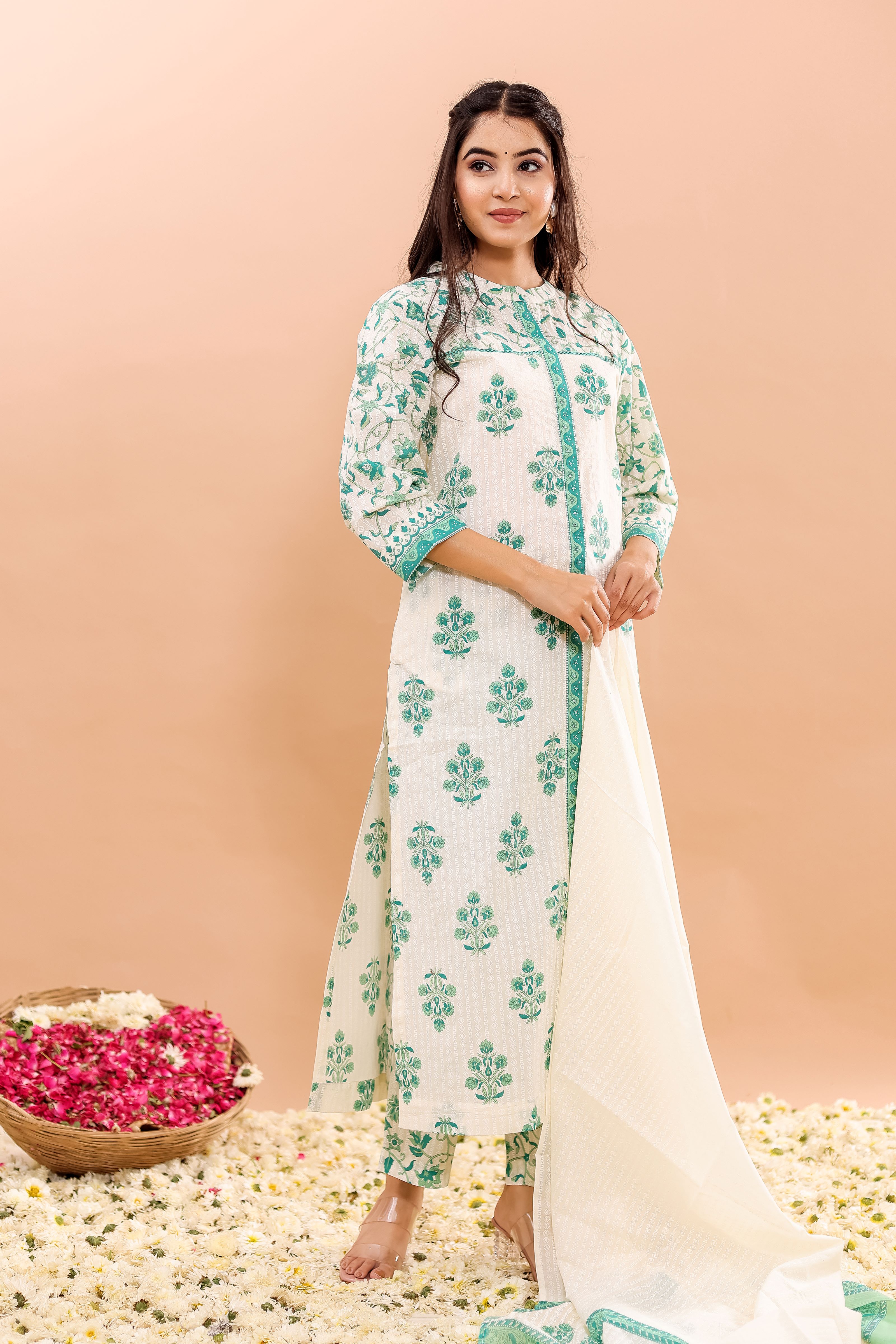 Cotton Printed Straight Kurta, Pant With Dupatta Hover