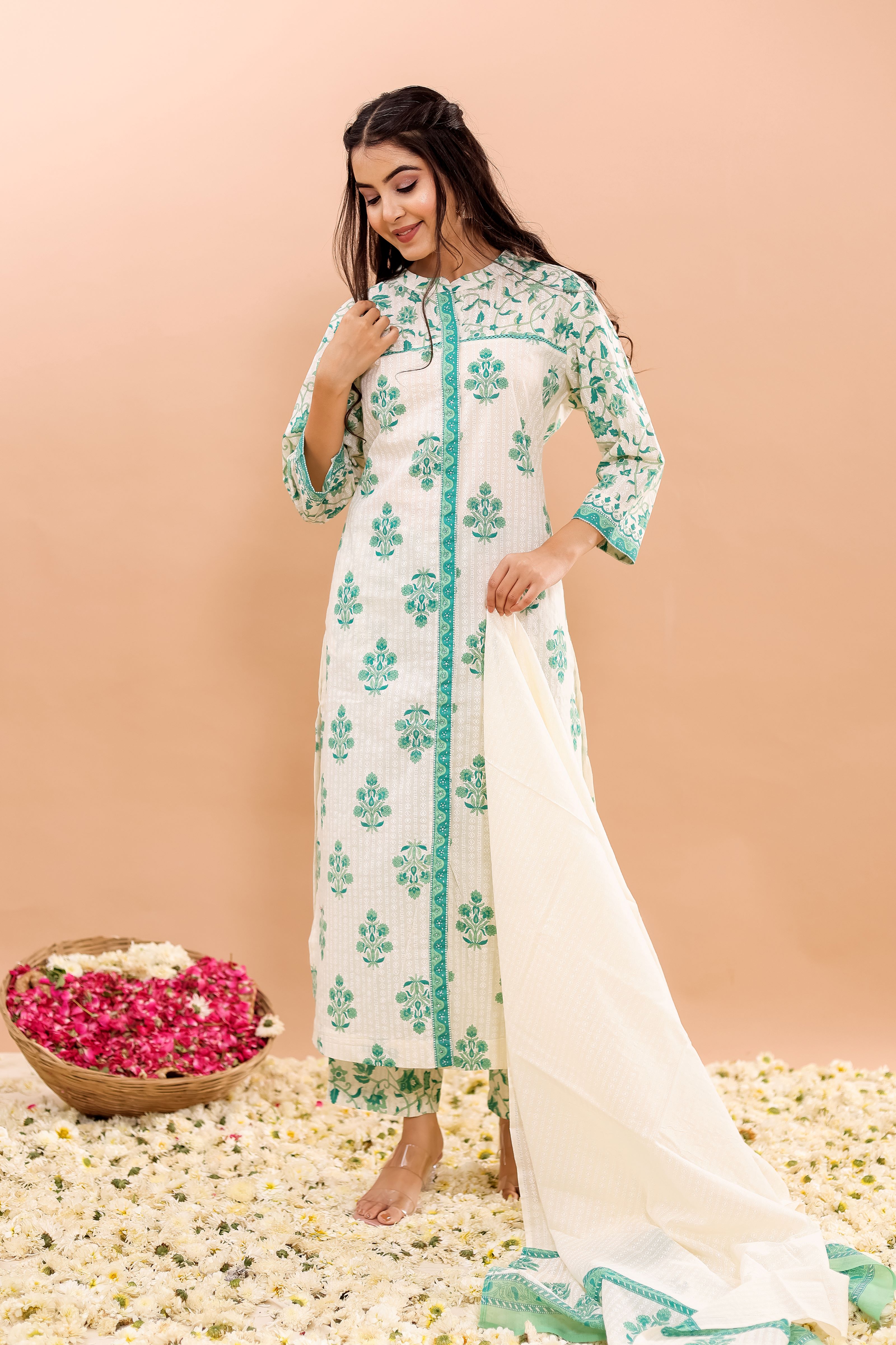 Cotton Printed Straight Kurta, Pant With Dupatta