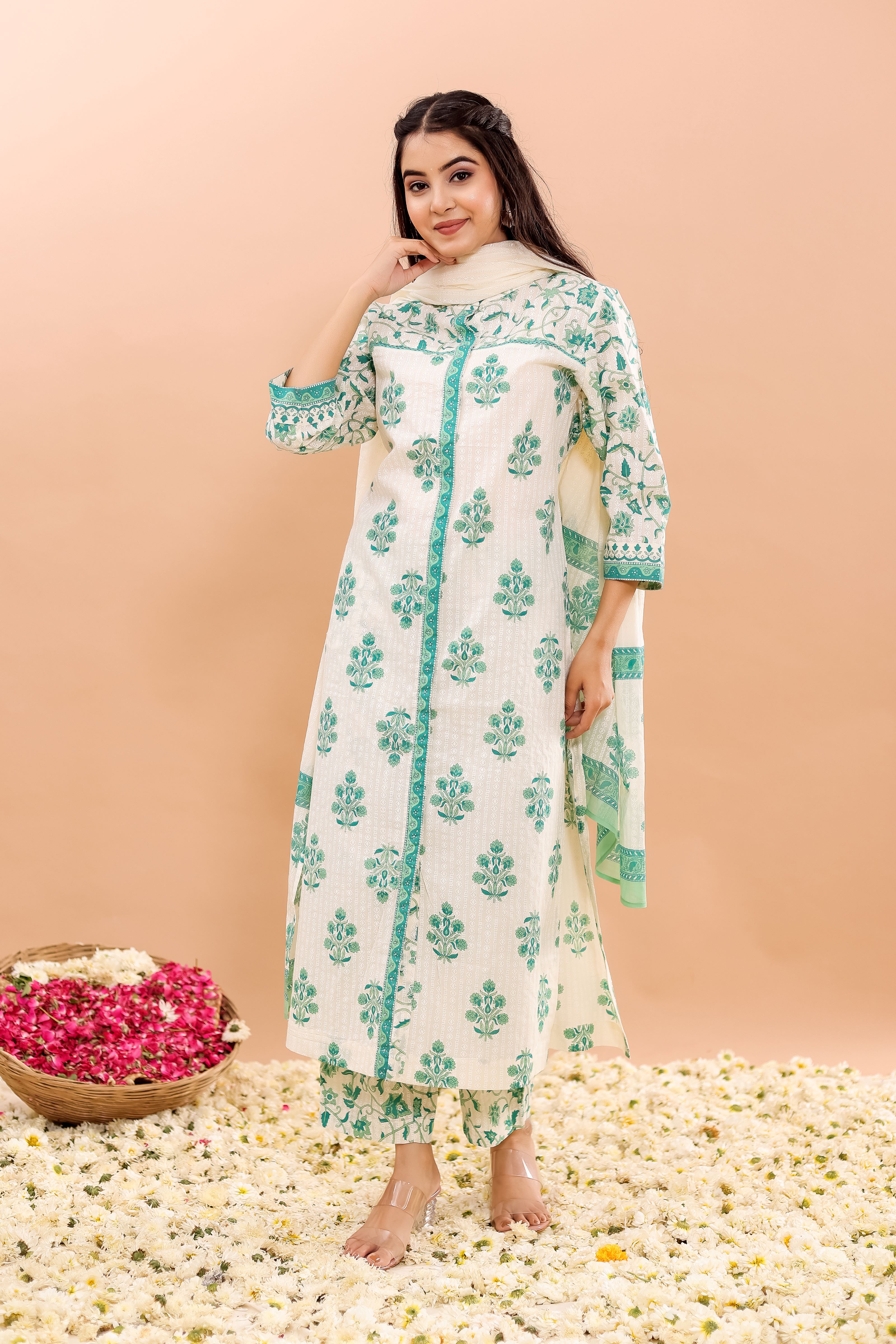 Cotton Printed Straight Kurta, Pant With Dupatta