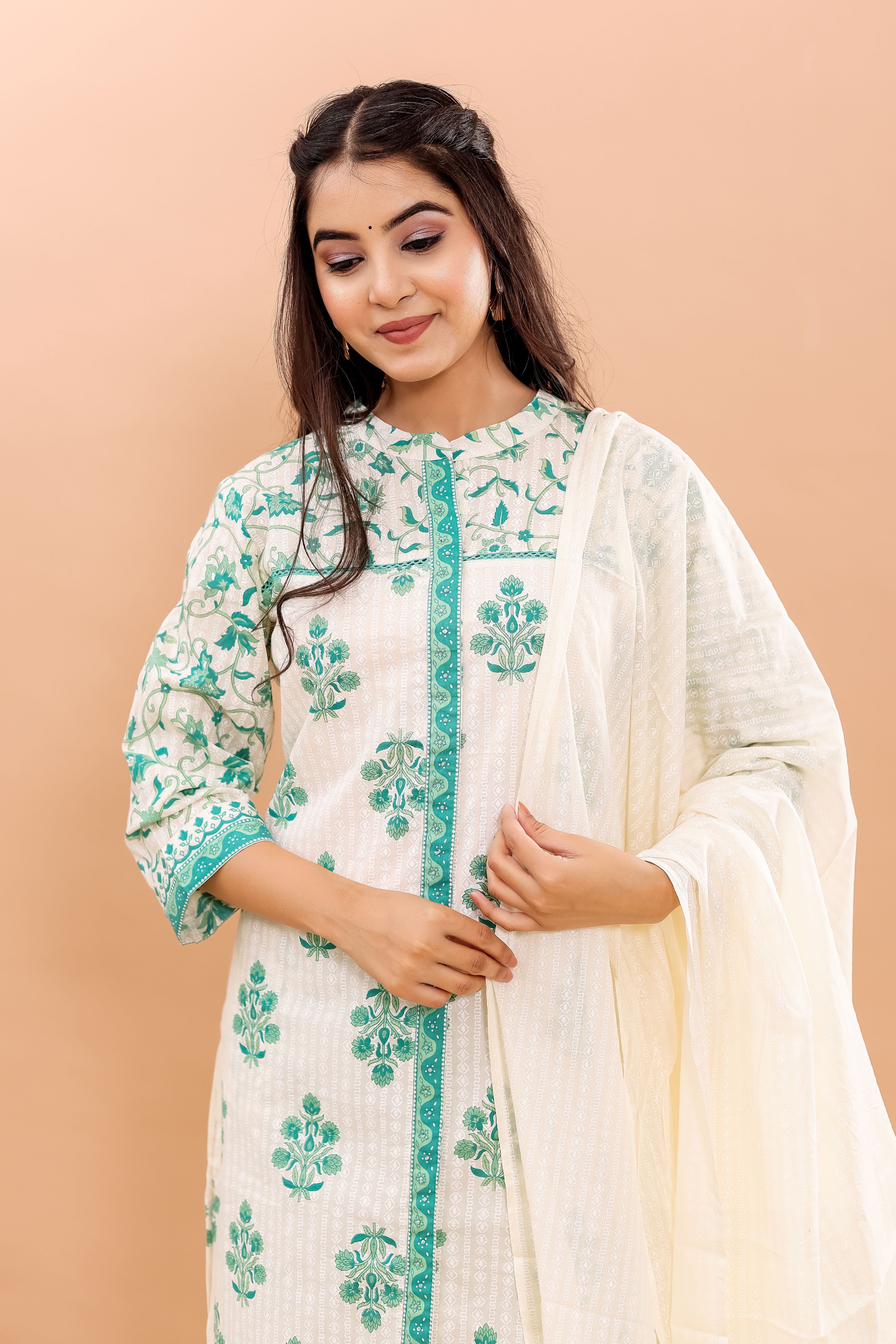 Cotton Printed Straight Kurta, Pant With Dupatta