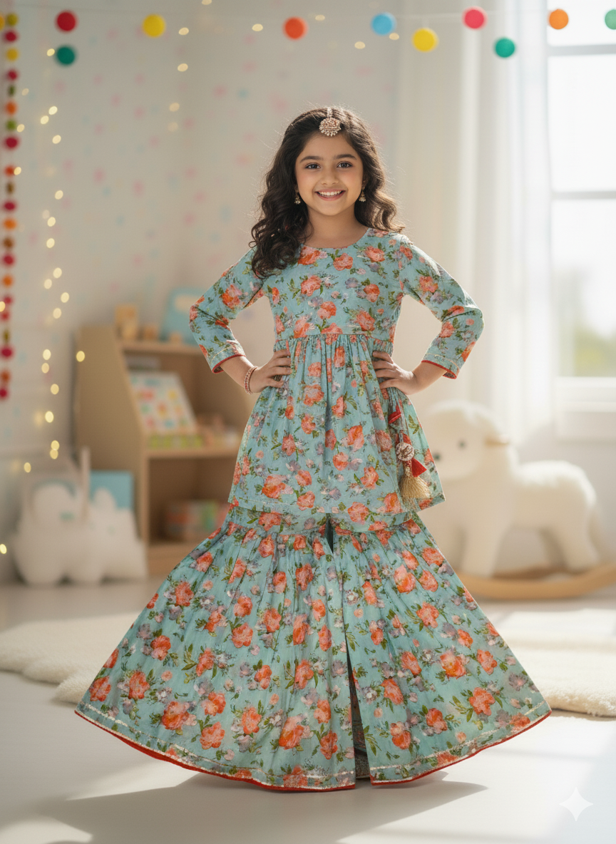 Girls Floral Printed Regular Kurta with Sharara Set