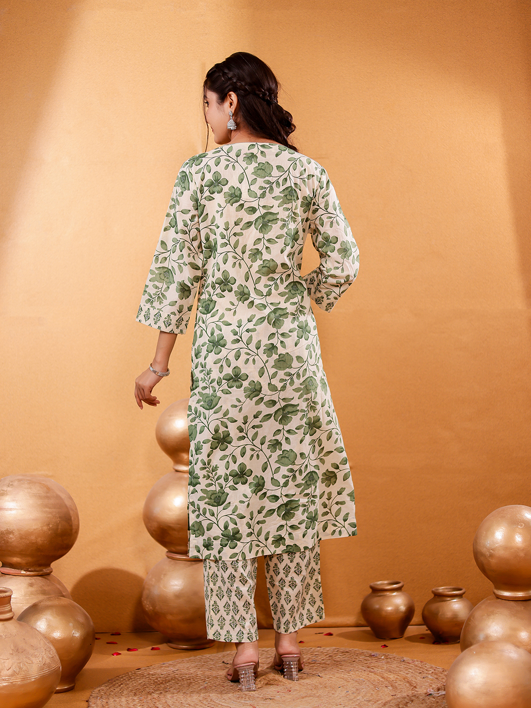 Women Floral Printed Cotton Handwaork Kurta with Trousers & Dupatta Hover