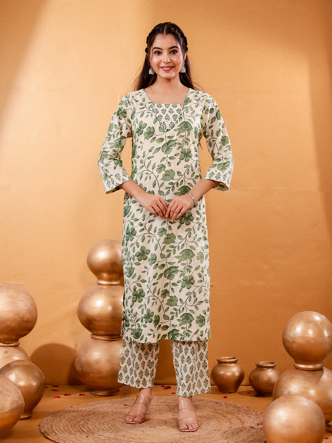 Women Floral Printed Cotton Handwaork Kurta with Trousers & Dupatta Hover