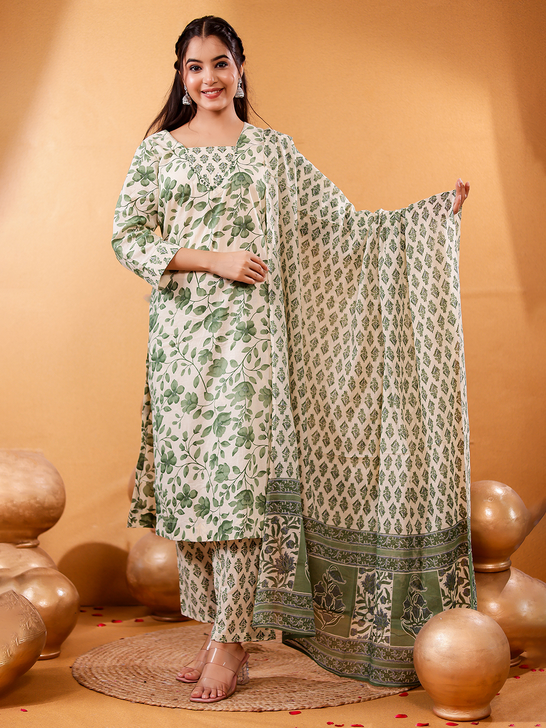 Women Floral Printed Cotton Handwaork Kurta with Trousers & Dupatta
