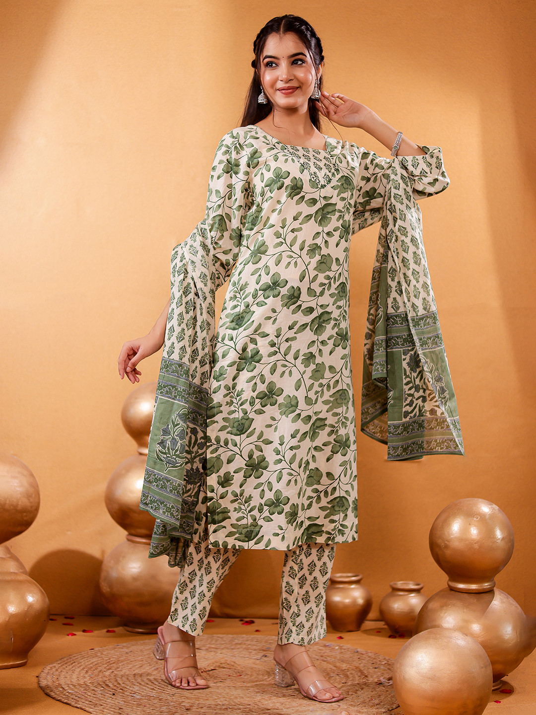 Women Floral Printed Cotton Handwaork Kurta with Trousers & Dupatta
