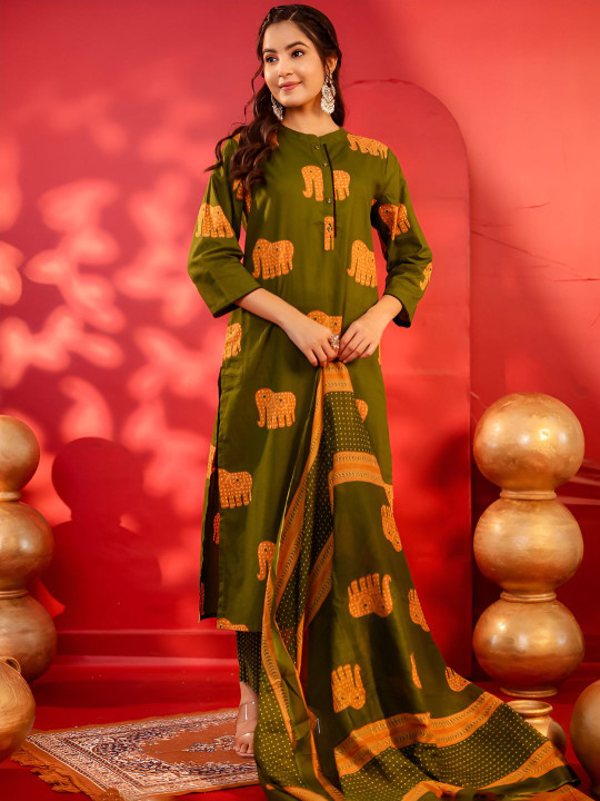 Women Ethnic Motifs Printed Regular Pure Cotton Kurta with Trousers & Dupatta