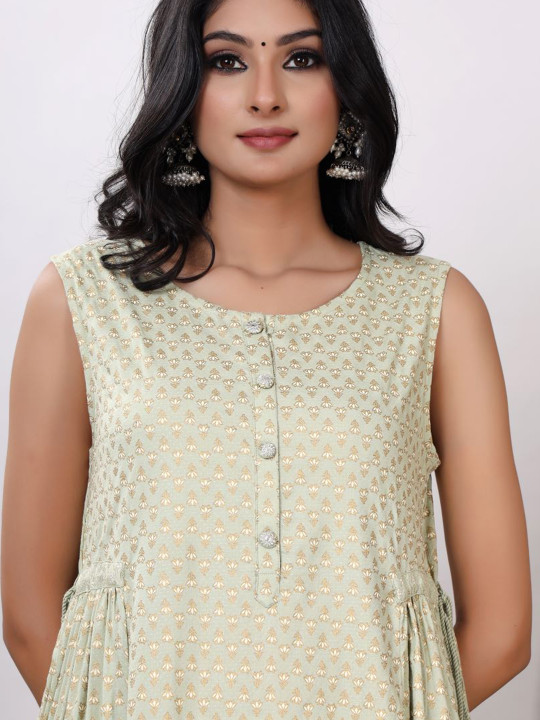 Women's Floral Printed Round Neck Sleeveless A-Line Kurta