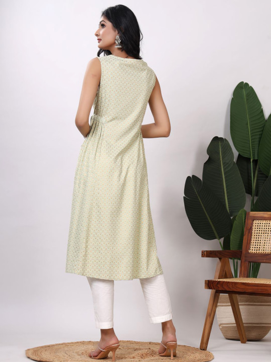 Women's Floral Printed Round Neck Sleeveless A-Line Kurta