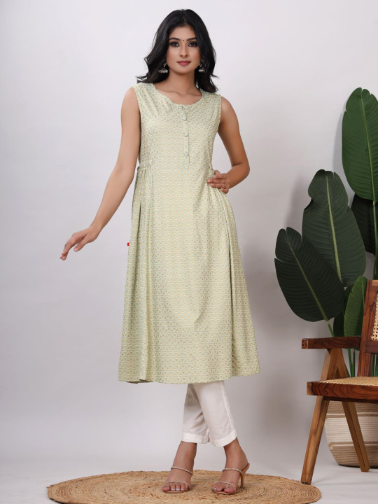 Women's Floral Printed Round Neck Sleeveless A-Line Kurta