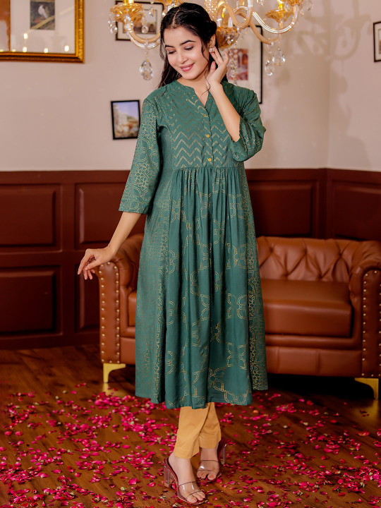 Womens Ethnic Motifs Printed Mandarin Collar A-line Kurta