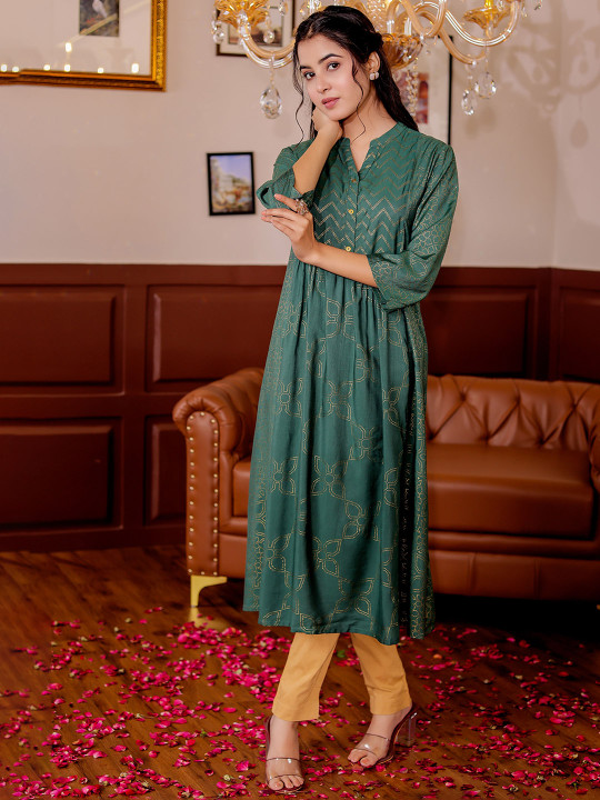 Womens Ethnic Motifs Printed Mandarin Collar A-line Kurta