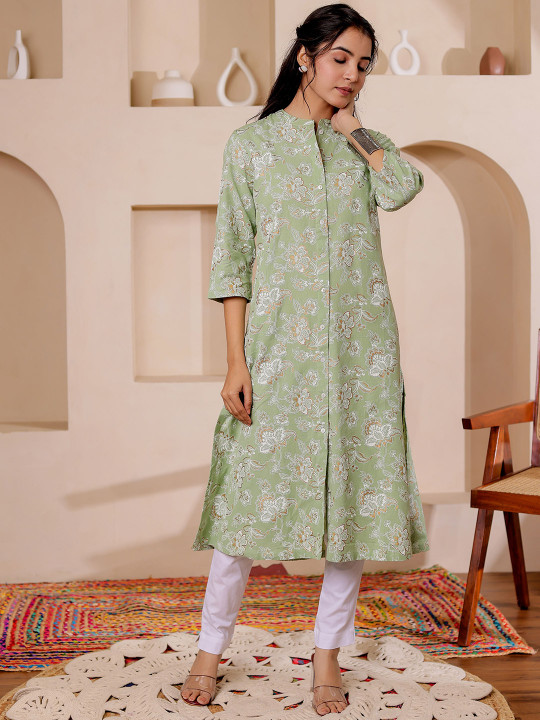 Women Rayon Floral Printed Mandarin Collar Straight Kurta