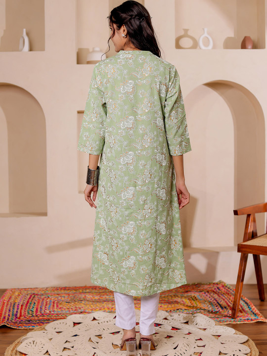 Women Rayon Floral Printed Mandarin Collar Straight Kurta Hover