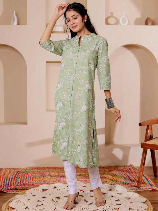 Women Rayon Floral Printed Mandarin Collar Straight Kurta