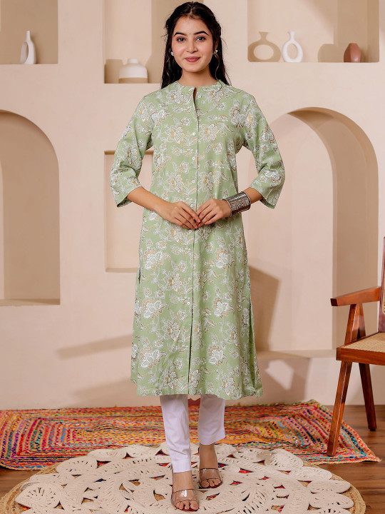 Women Rayon Floral Printed Mandarin Collar Straight Kurta