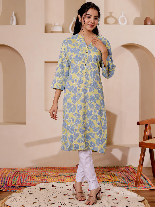 Women Rayon Floral Printed Mandarin Collar Straight Kurta
