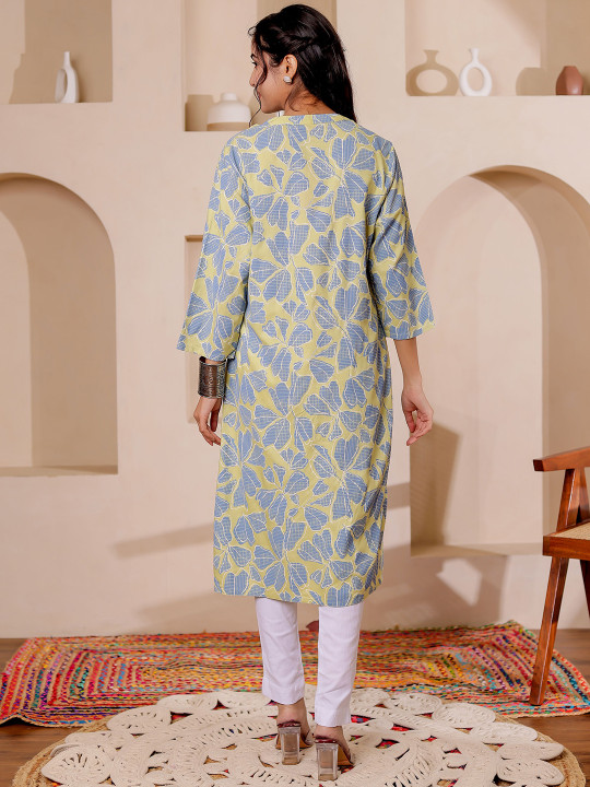 Women Rayon Floral Printed Mandarin Collar Straight Kurta