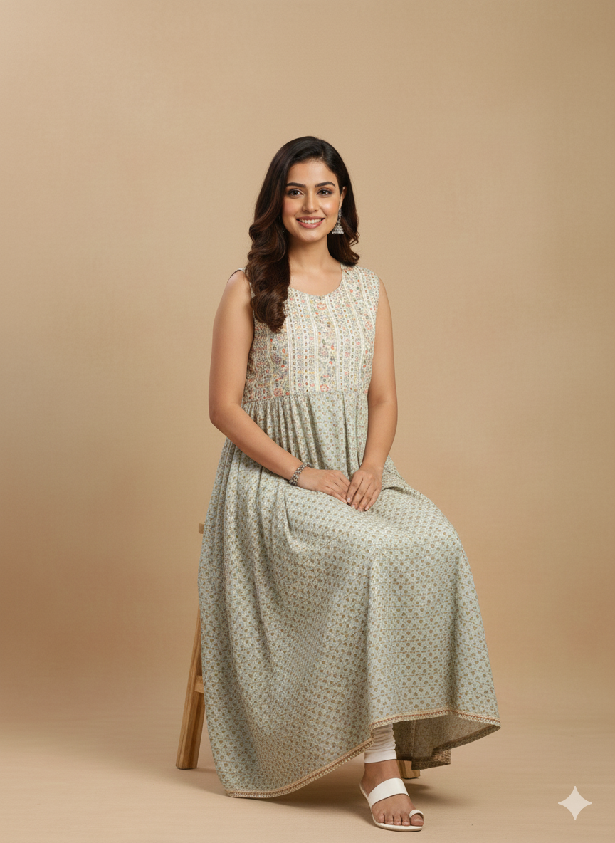 Women's Floral Printed Round Neck Sleeveless A-Line Dress Hover