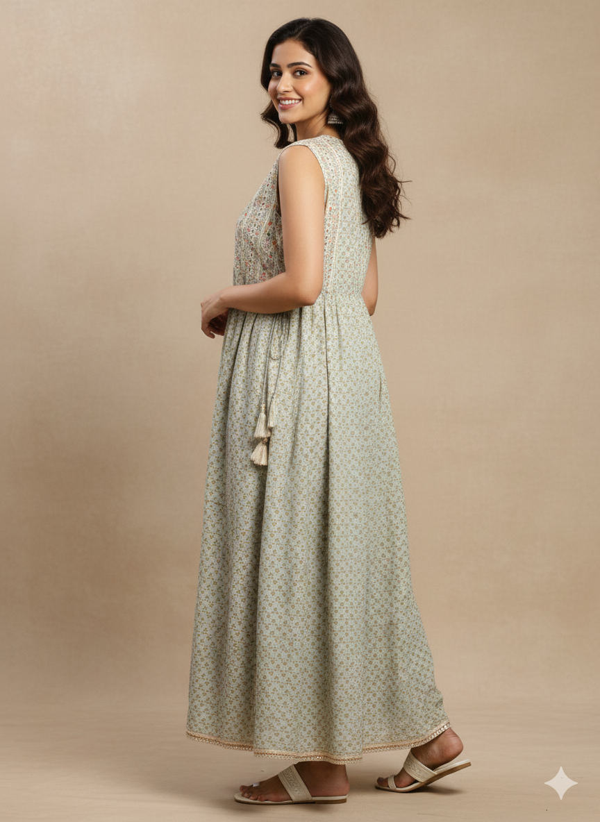 Women's Floral Printed Round Neck Sleeveless A-Line Dress