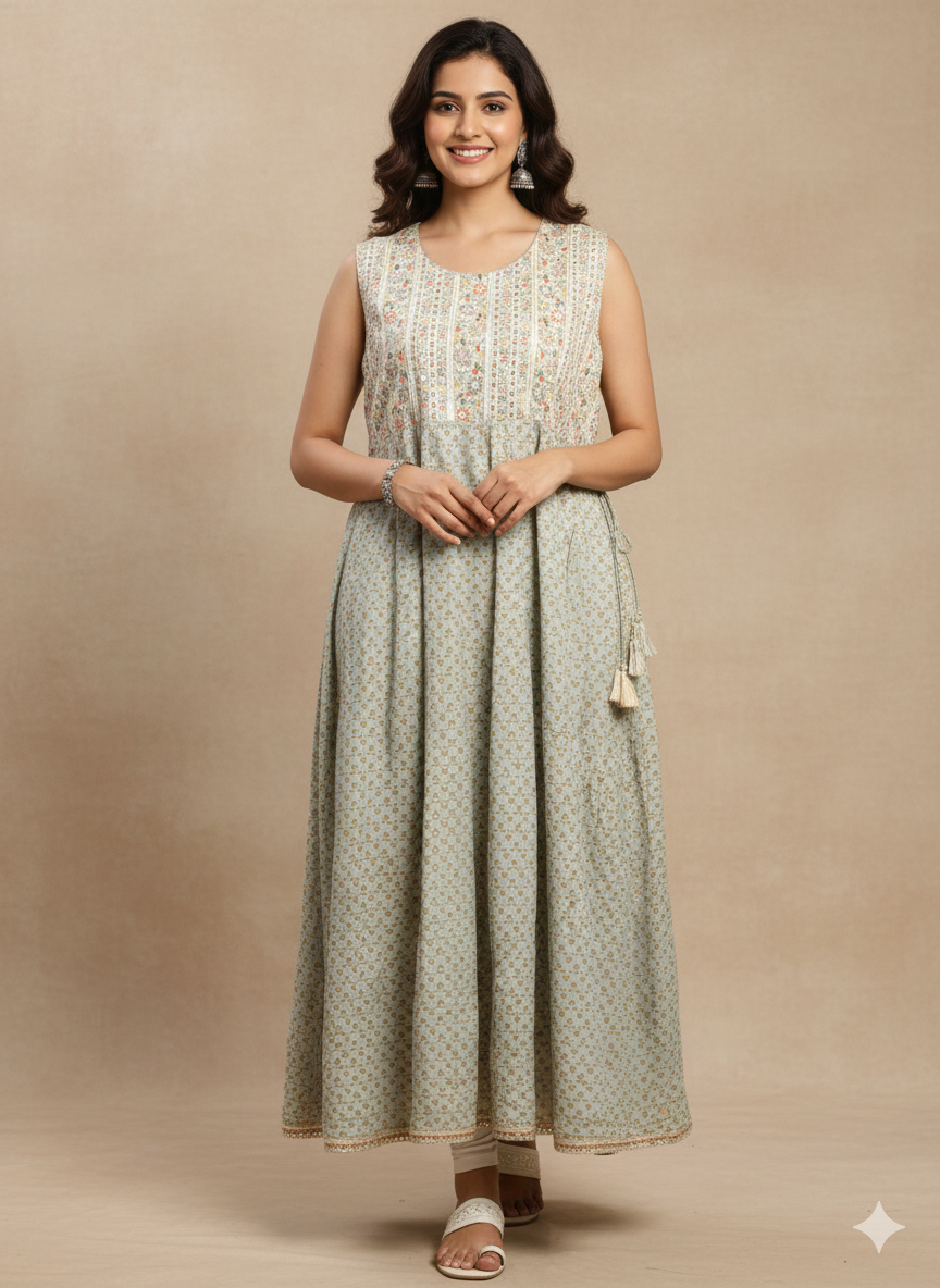 Women's Floral Printed Round Neck Sleeveless A-Line Dress