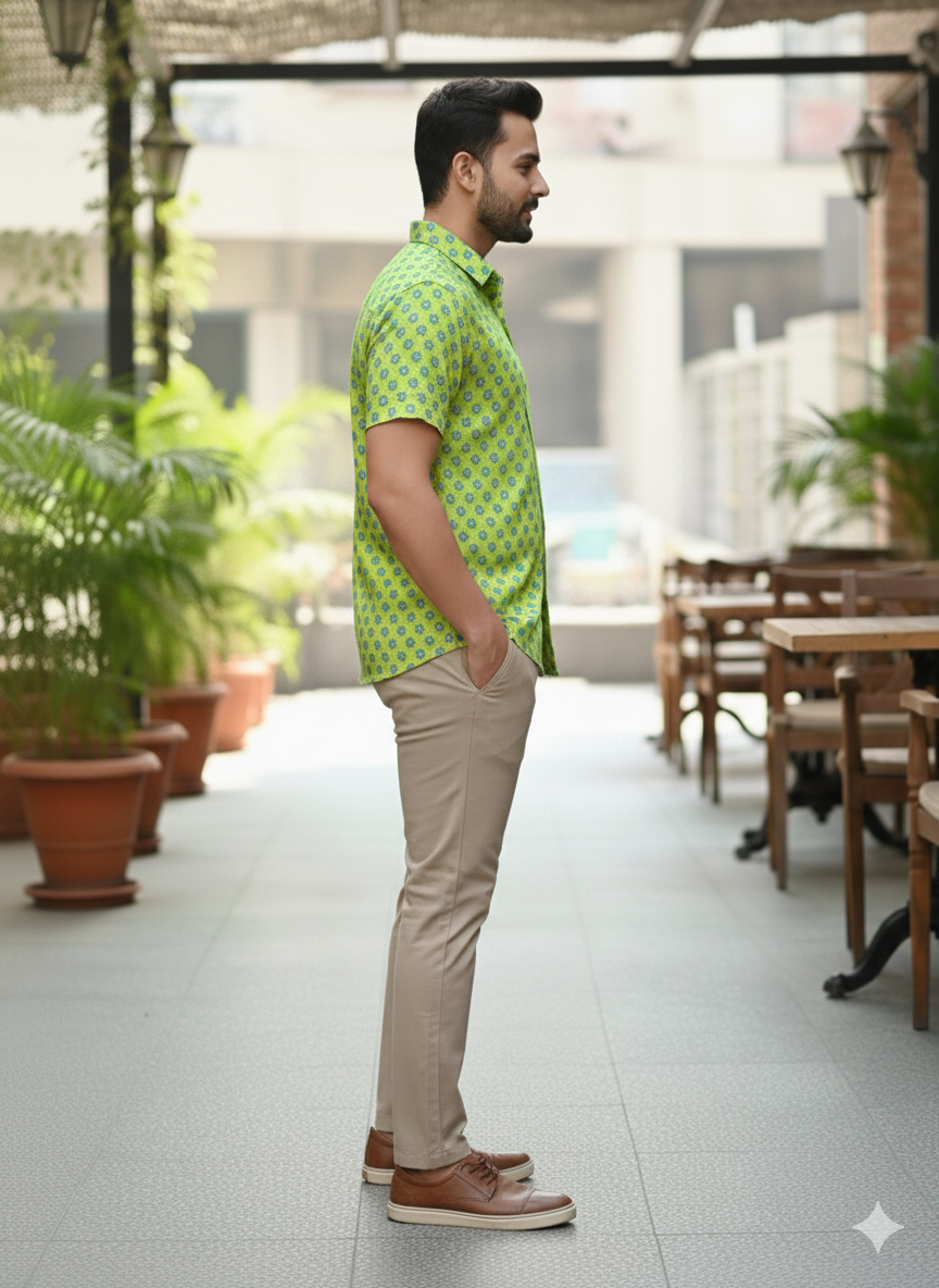 Men Classic Spread Collar Floral Printed Cotton Slim Fit Casual Shirt