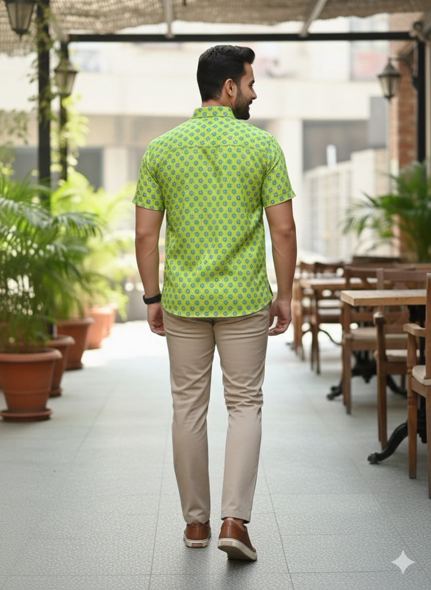 Men Classic Spread Collar Floral Printed Cotton Slim Fit Casual Shirt Hover