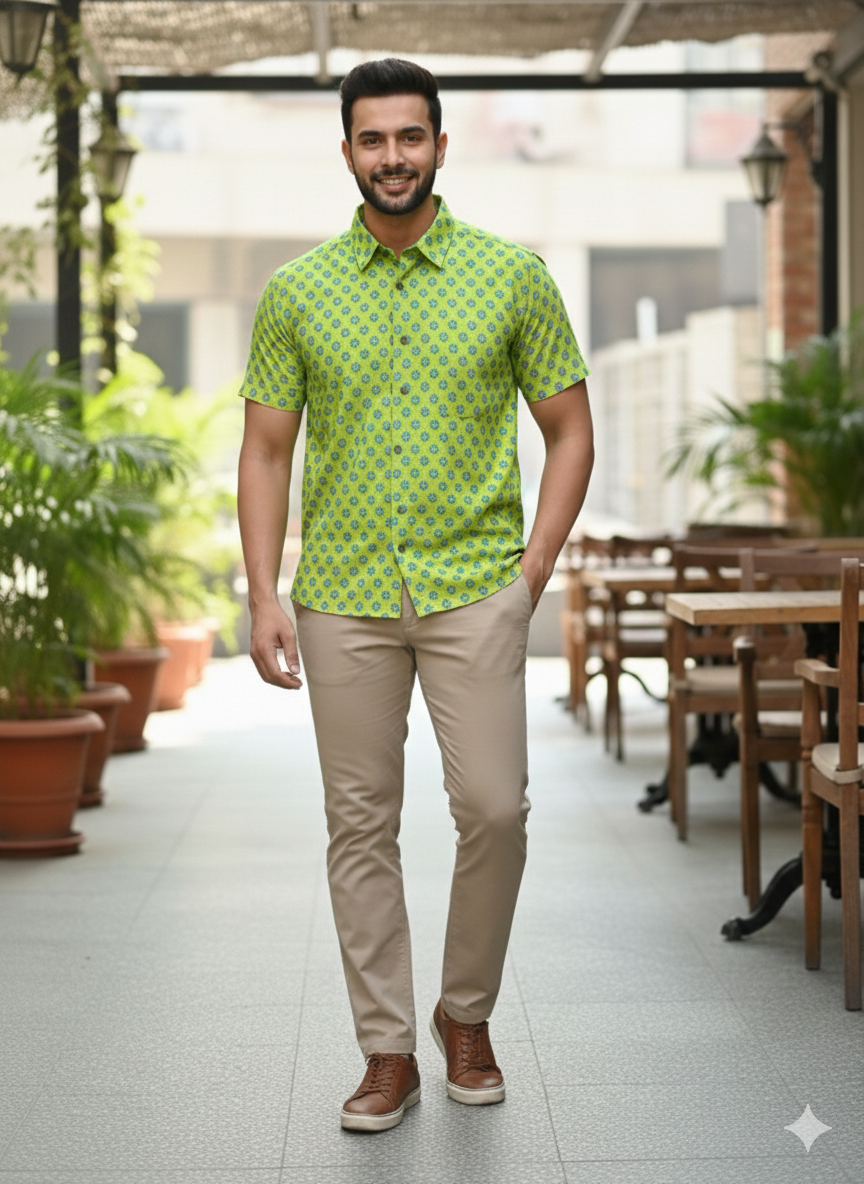 Men Classic Spread Collar Floral Printed Cotton Slim Fit Casual Shirt