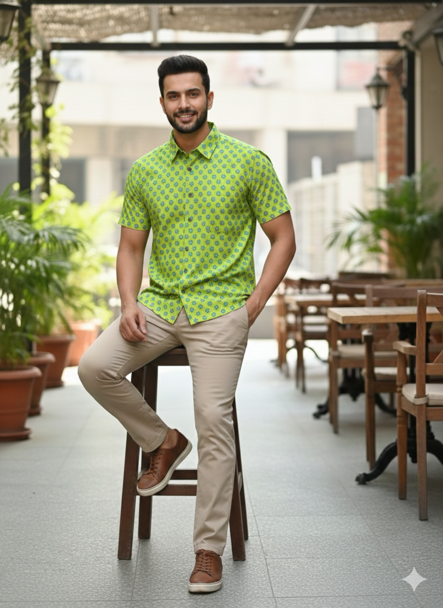 Men Classic Spread Collar Floral Printed Cotton Slim Fit Casual Shirt