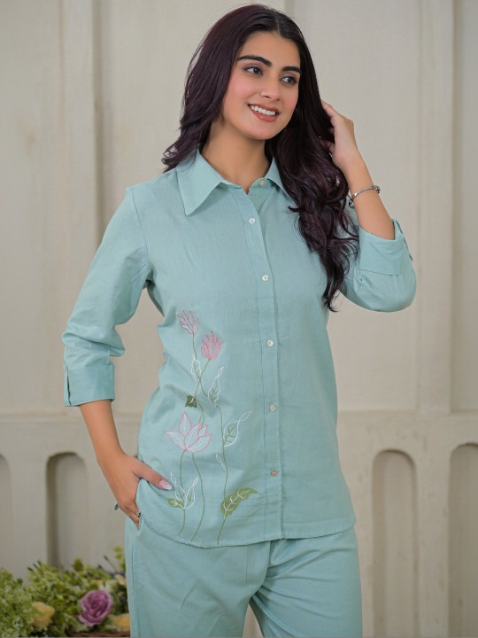 Women Embroidered Shirt With Trousers Co-Ords Set