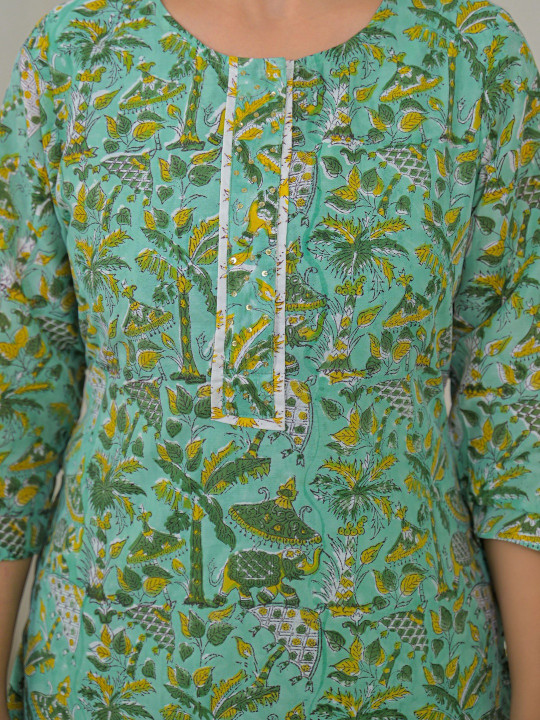 Women Handblock Printed Chanderi Cotton Kurta with Trousers & Dupatta Set