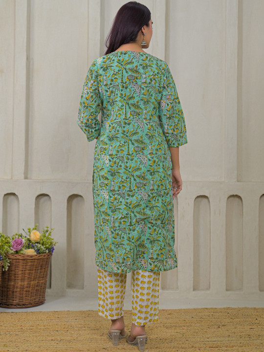 Women Handblock Printed Chanderi Cotton Kurta with Trousers & Dupatta Set Hover