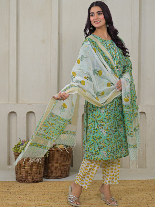 Women Handblock Printed Chanderi Cotton Kurta with Trousers & Dupatta Set