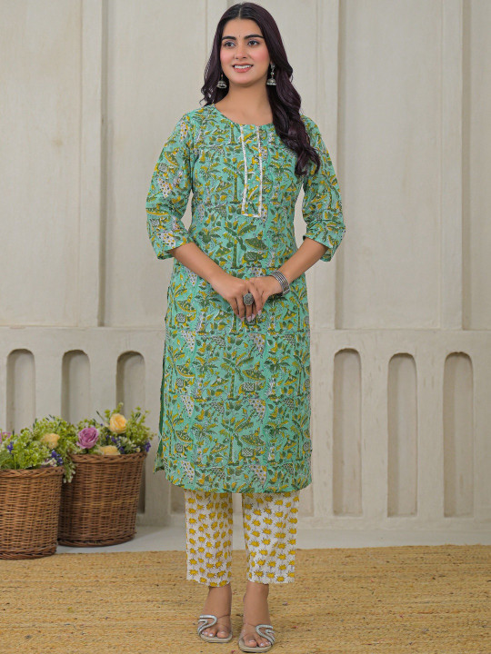 Women Handblock Printed Chanderi Cotton Kurta with Trousers & Dupatta Set