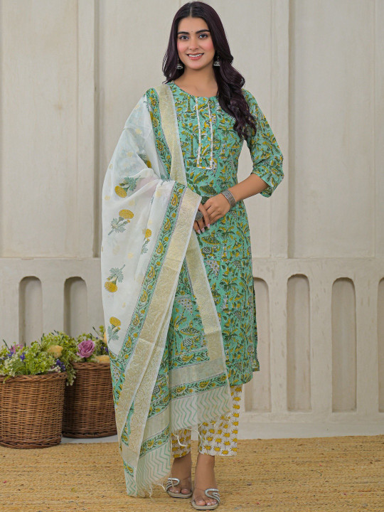 Women Handblock Printed Chanderi Cotton Kurta with Trousers & Dupatta Set