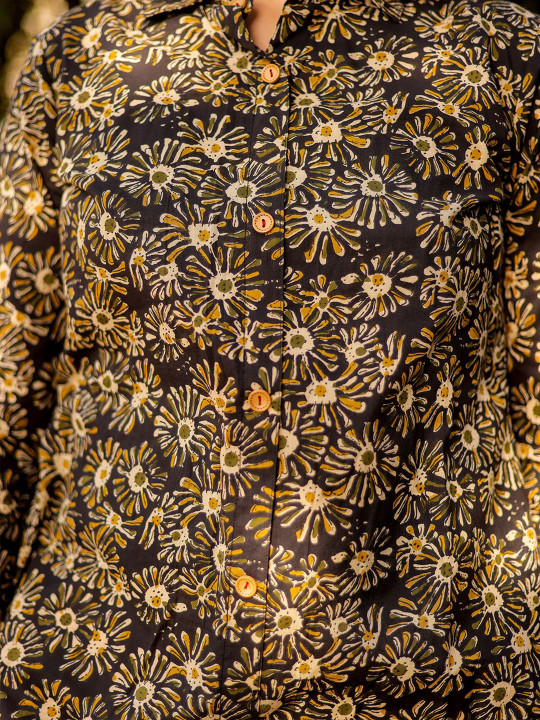 Women Floral Printed Shirt Collar Cotton Tunic