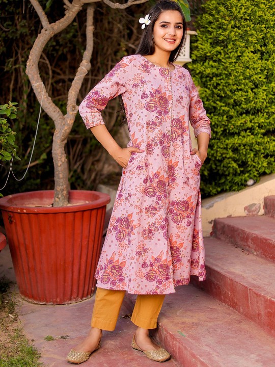Cotton Floral Printed A-line Kurta