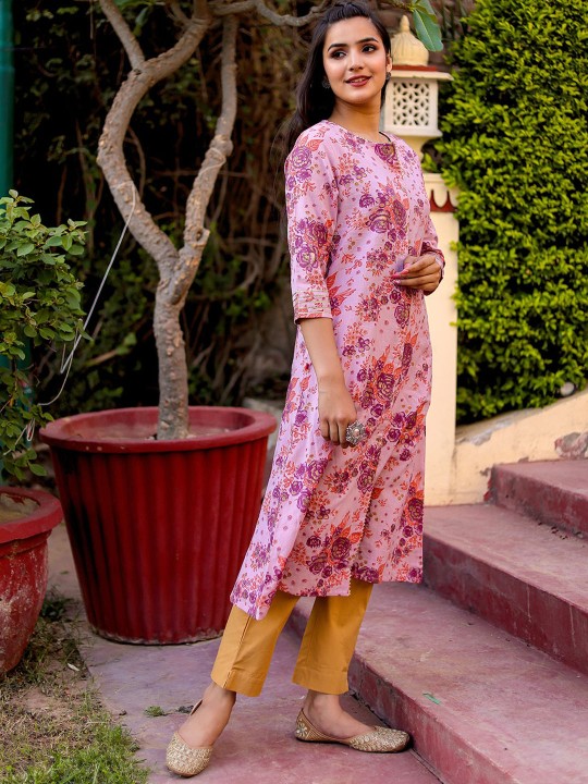 Cotton Floral Printed A-line Kurta Hover