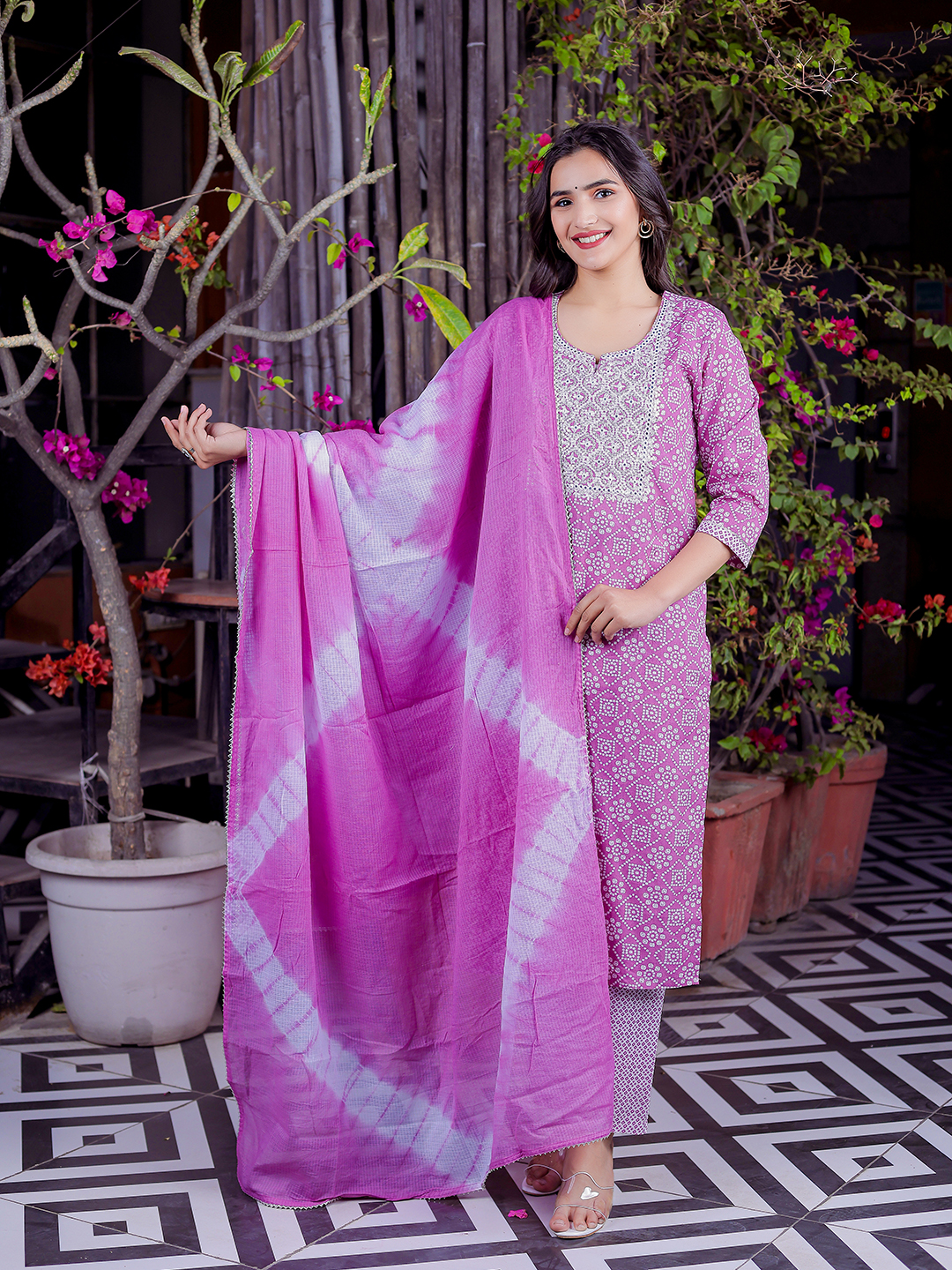 Pure Cotton Bandhani Printed Mirror Work Kurta, Pant With Dupatta