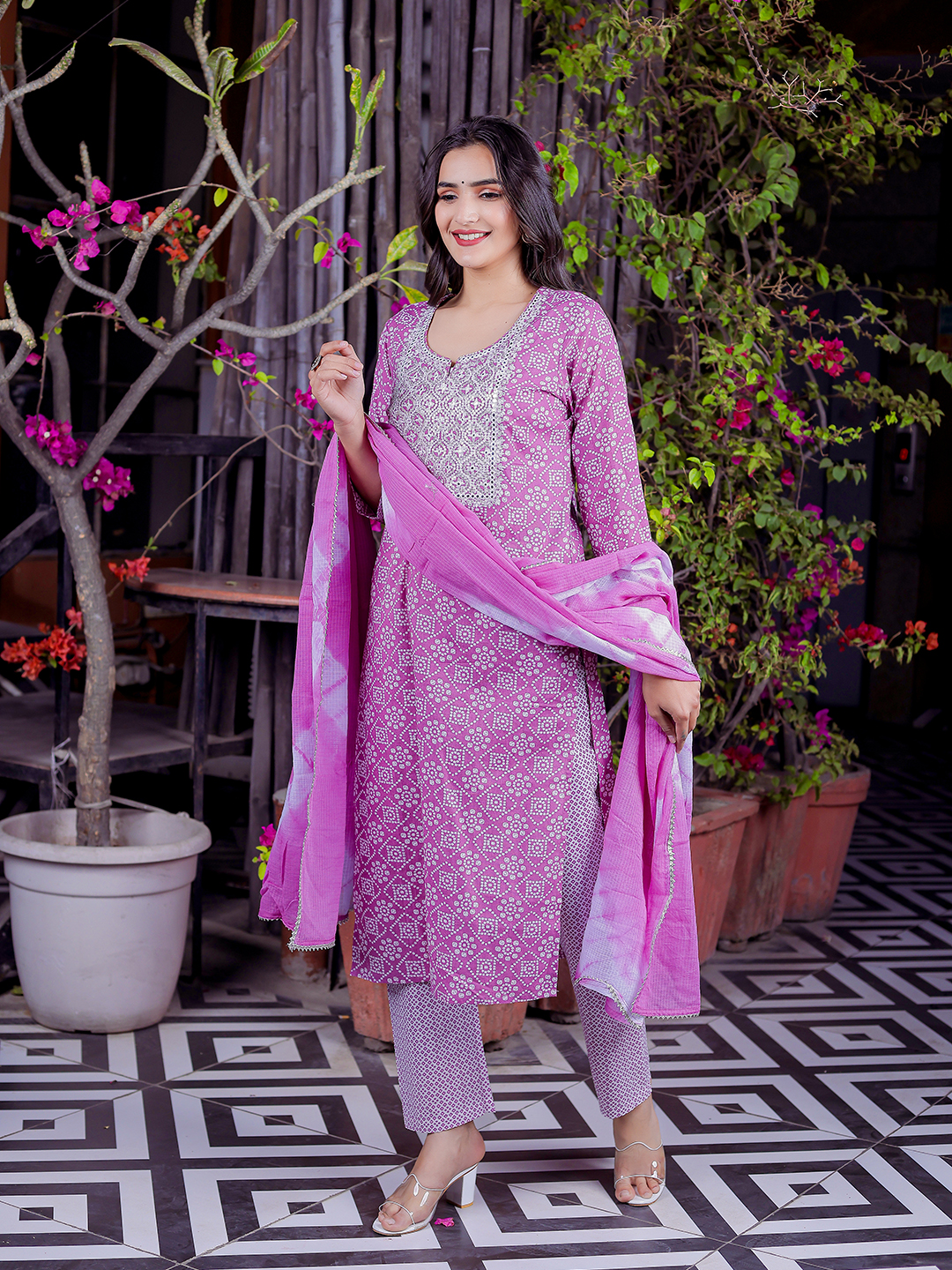 Pure Cotton Bandhani Printed Mirror Work Kurta, Pant With Dupatta