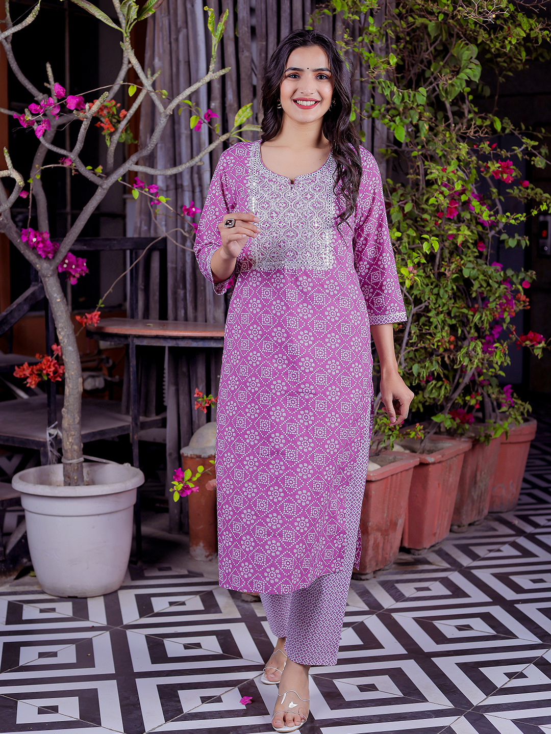 Pure Cotton Bandhani Printed Mirror Work Kurta, Pant With Dupatta