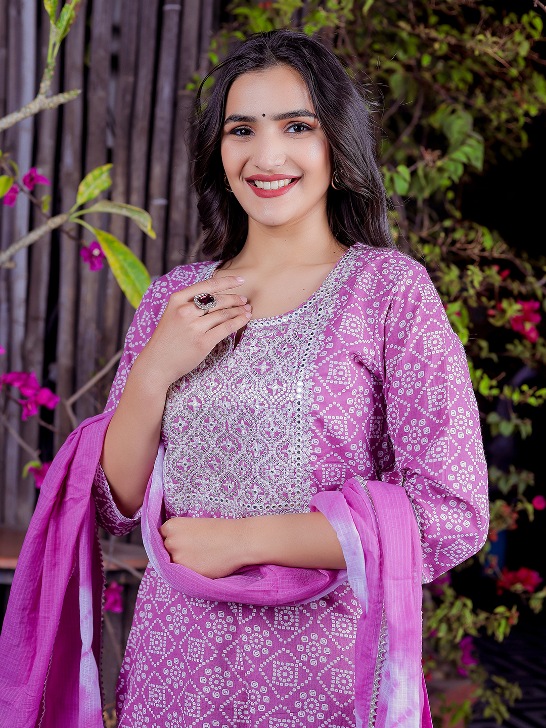 Pure Cotton Bandhani Printed Mirror Work Kurta, Pant With Dupatta Hover