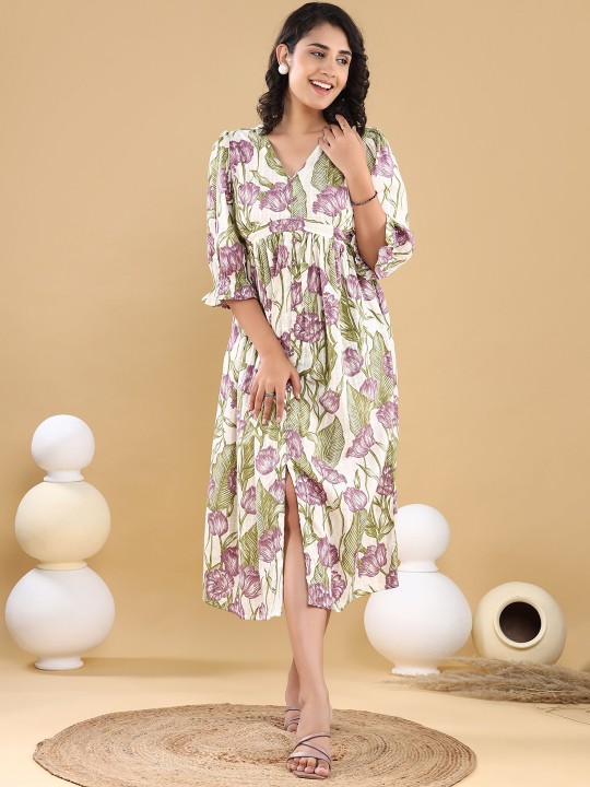 Cotton Dobby Floral Print Puff Sleeve Fit & Flare Midi Dress