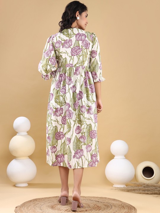 Cotton Dobby Floral Print Puff Sleeve Fit & Flare Midi Dress