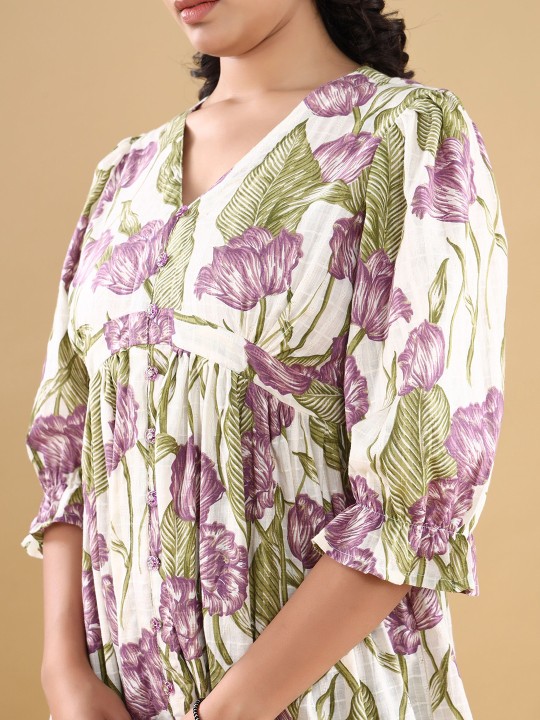 Cotton Dobby Floral Print Puff Sleeve Fit & Flare Midi Dress